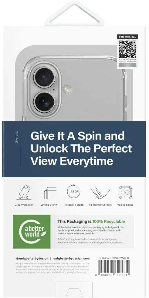 Uniq Swivix 360 besisukantis stovo dėklas, skirtas iPhone 16 – skaidrus