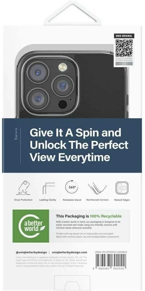 Uniq Swivix 360 besisukantis stovo dėklas, skirtas iPhone 16 Pro Max - Juodas