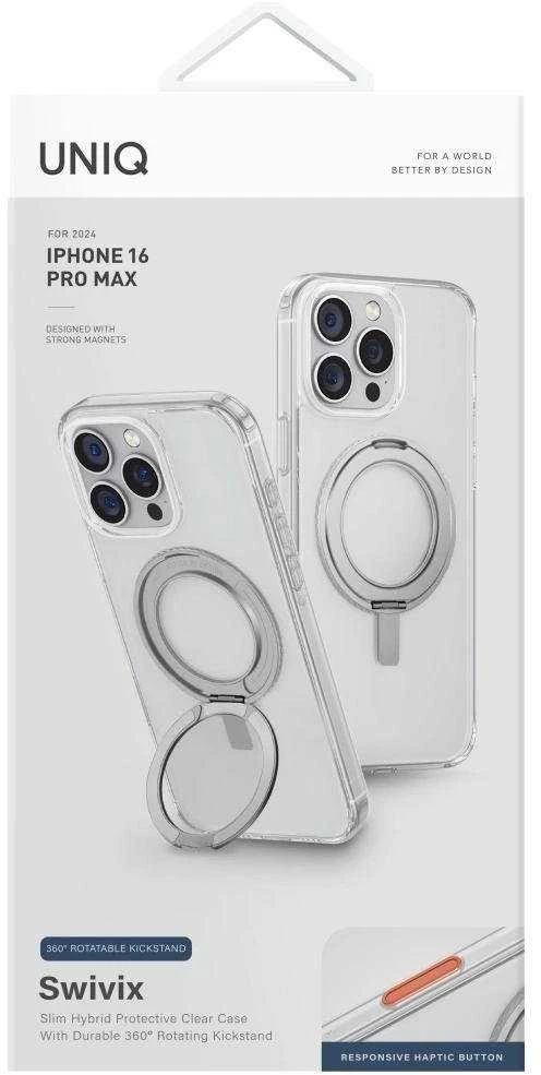 „Uniq Swivix 360“ besisukantis dėklas su atrama, skirtas „iPhone 16 Pro Max“ – skaidrus