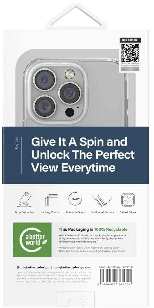 „Uniq Swivix 360“ besisukantis dėklas su atrama, skirtas „iPhone 16 Pro“ – skaidrus