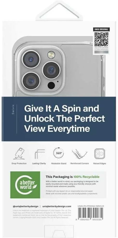 „Uniq Swivix 360“ besisukantis dėklas su atrama, skirtas „iPhone 16 Pro Max“ – skaidrus