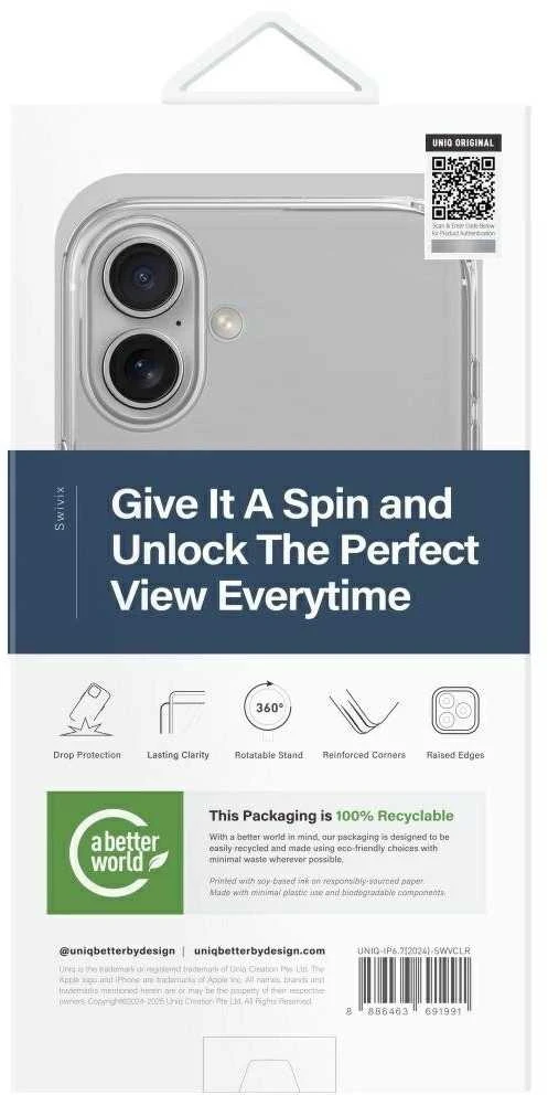 „Uniq Swivix 360“ besisukantis dėklas su atrama, skirtas „iPhone 16 Plus“ – skaidrus