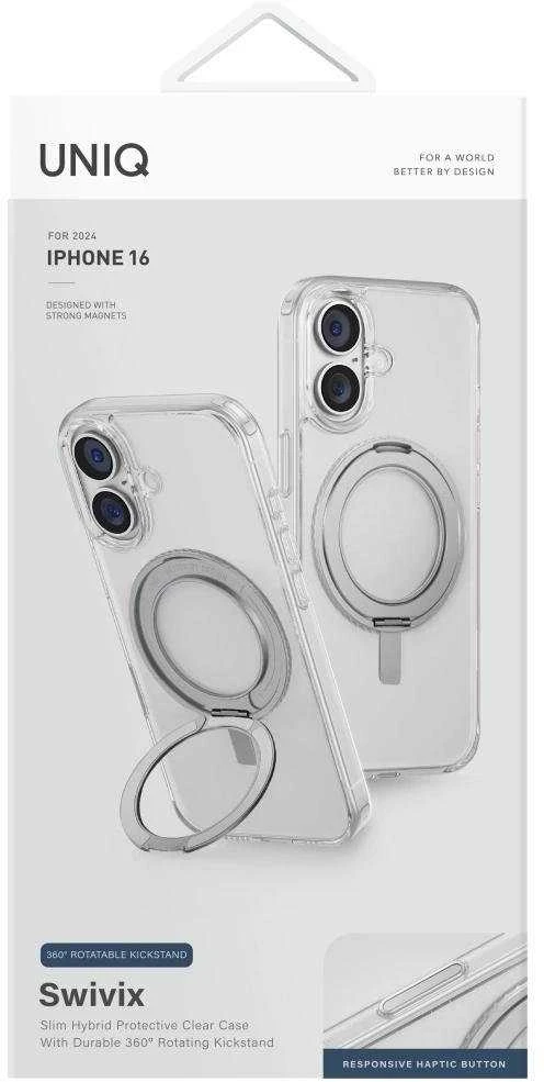 Uniq Swivix 360 besisukantis stovo dėklas, skirtas iPhone 16 – skaidrus