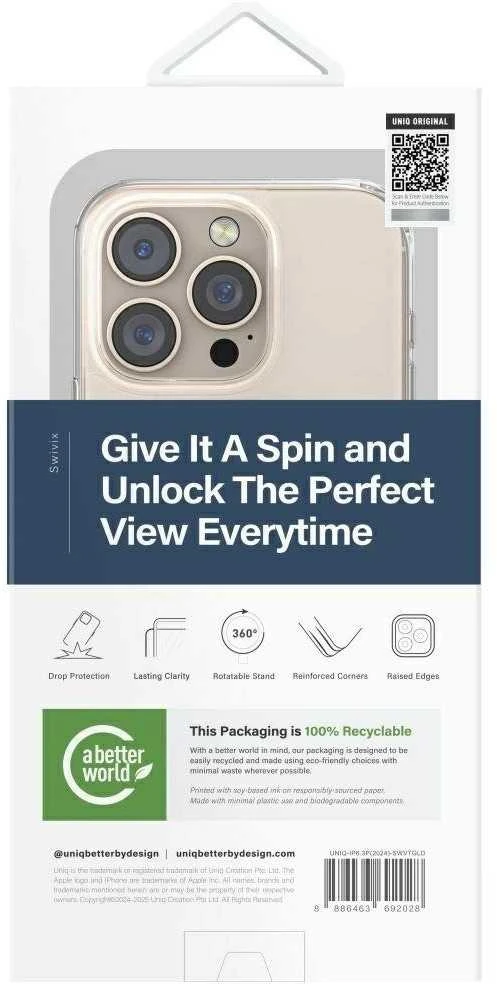 „Uniq Swivix 360“ besisukantis dėklas su atrama, skirtas „iPhone 16“ – auksinis