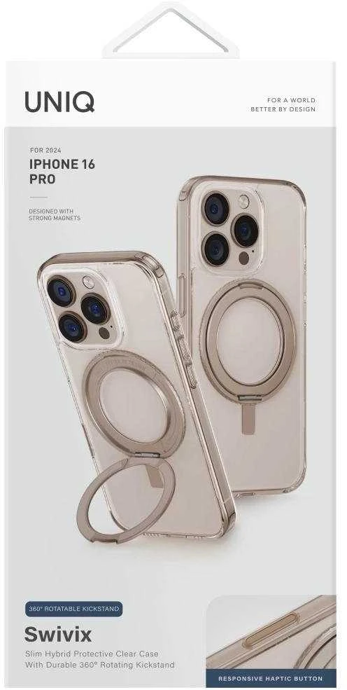 „Uniq Swivix 360“ besisukantis dėklas su atrama, skirtas „iPhone 16“ – auksinis