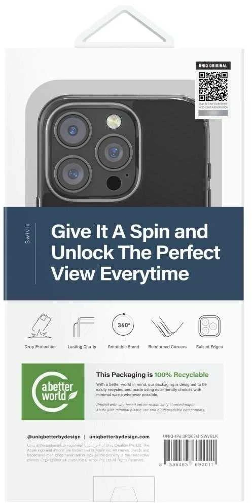 Uniq Swivix 360 besisukantis stovo dėklas, skirtas iPhone 16 Pro – Juodas
