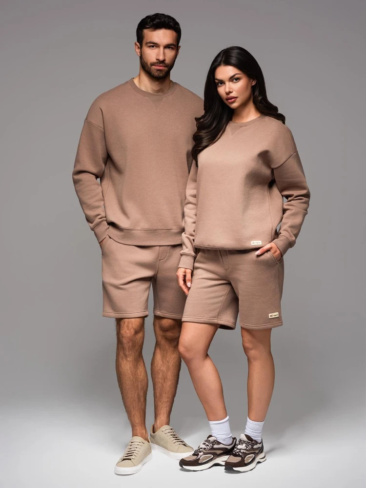 Unisex rudas džemperio ir šortų komplektas poroms laisvalaikiui