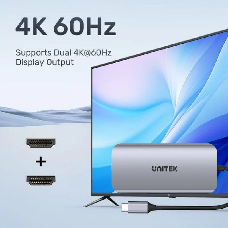 USB-C šakotuvas - UNITEK 2X HDMI 4K, RJ45, PD 100W Pilkas