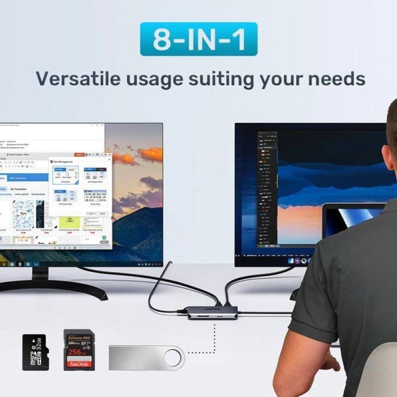 USB-C šakotuvas - UNITEK 2X HDMI 4K, RJ45, PD 100W Pilkas