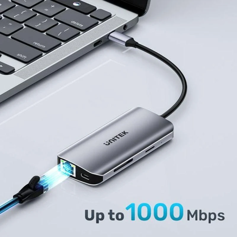 USB-C šakotuvas - UNITEK 2X HDMI 4K, RJ45, PD 100W Pilkas