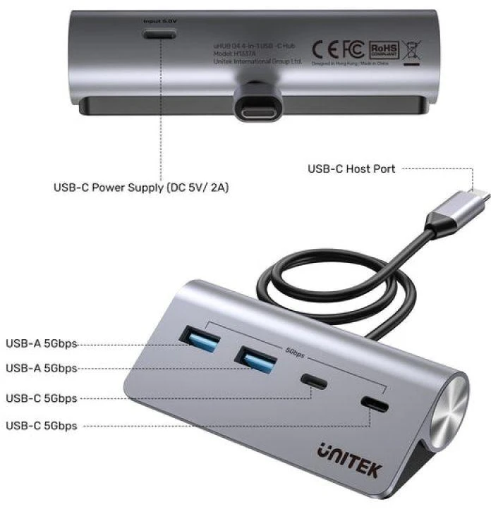 UNITEK H1337AGY01 sąsajos šakotuvas USB 3.2 Gen 1 (3.1 Gen 1) Type-C 5000 Mbit/s Pilkas