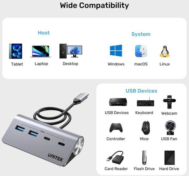 UNITEK H1337AGY01 sąsajos šakotuvas USB 3.2 Gen 1 (3.1 Gen 1) Type-C 5000 Mbit/s Pilkas