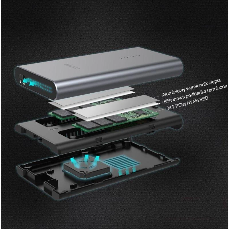 UNITEK SolidForce USB-C į PCIe / NVMe M.2 SSD 10 Gbps dviejų skyrių korpusas su neprisijungus veikiančiu klonu S1206A