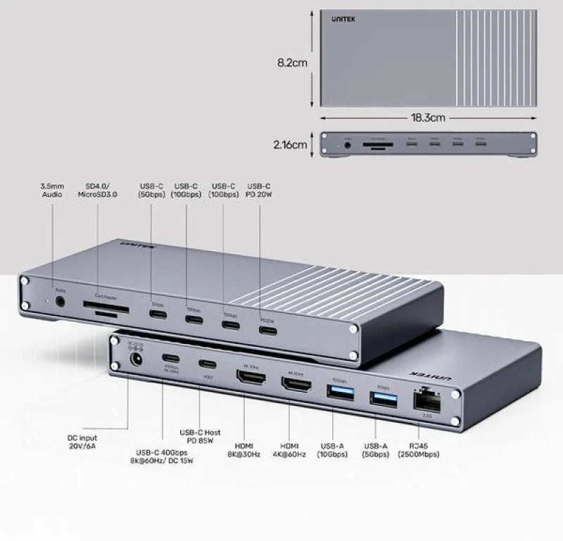 Unitek triguba USB4 40Gb/s prijungimo stotelė, 120 W maitinimo šaltinis