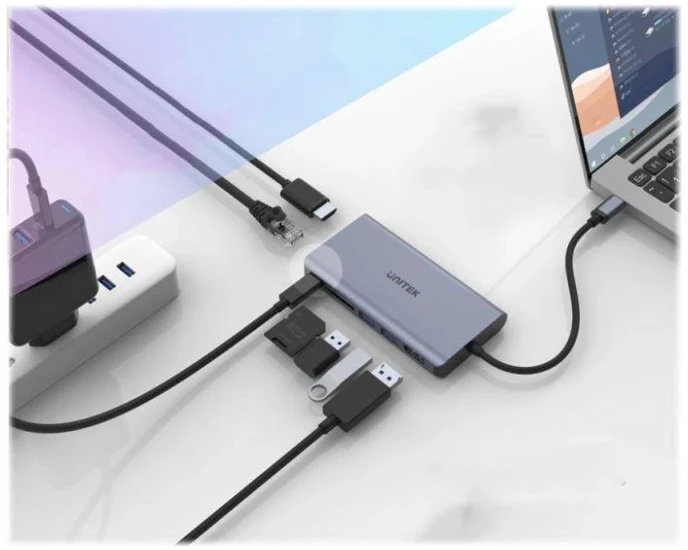UNITEK D1056A šakotuvas USB-C 2x USB 3.1 HDMI DP RJ45 SD skaitytuvas