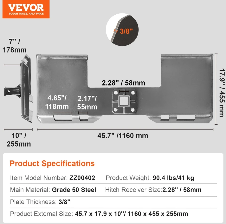 VEVOR Skid steer greito prijungimo plokštė 58 mm