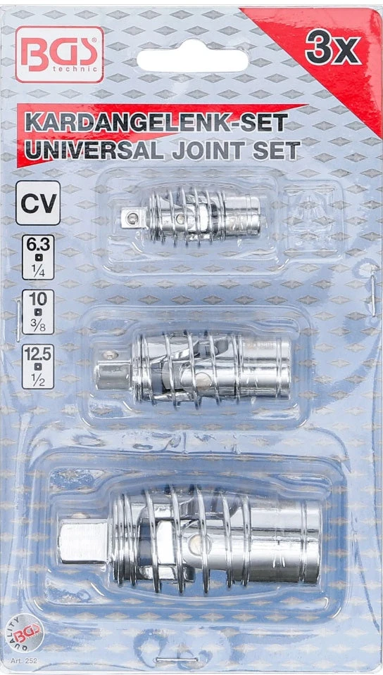 UNIVERSALIŲ ŠARNYRŲ RINKINYS | SU SPYRUOKLE | 6,3 MM (1/4") / 10 MM (3/8") / 12,5 MM (1/2") | 3 VNT. (252)