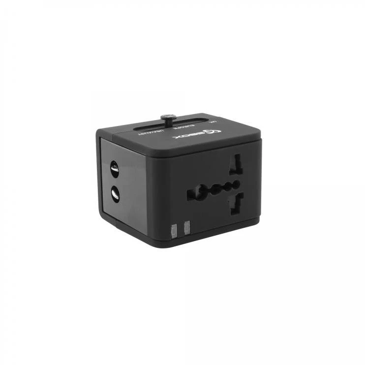 Universalus kelioninis adapteris su dvigubu USB įkrovikliu, juodas