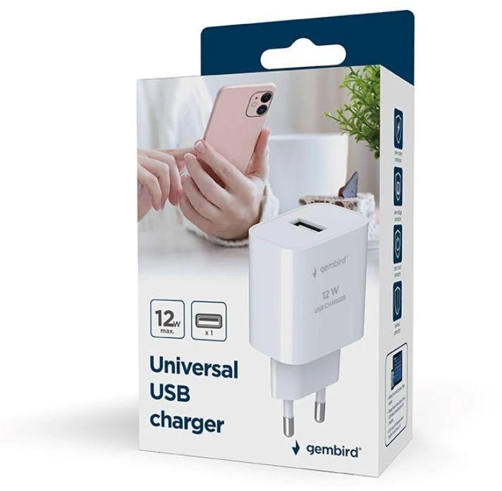 Gembird TA-UC-1A12-01 universalus USB įkroviklis, 2.4 A, baltas