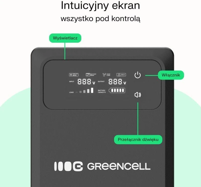 Green Cell Žalias Cell Žalias Cell nepertraukiamo maitinimo šaltinis (UPS) 800 VA 500 W su LCD ekranu, PowerCore 12 V nuolatinės srovės