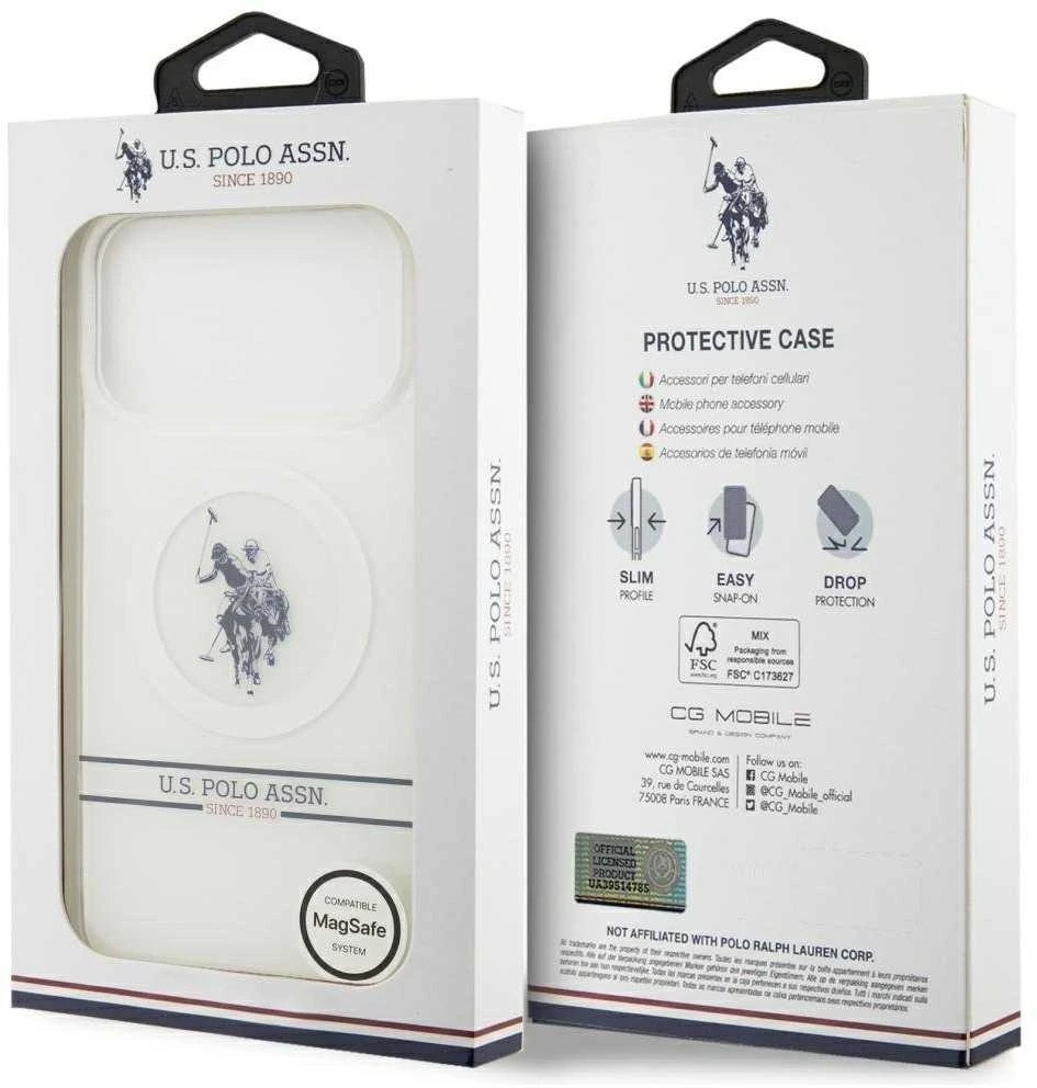 Us Polo Assn US Polo DH and Bottom Stripe Logo MagSafe dėklas Apple iPhone 17 Pro Max baltos spalvos