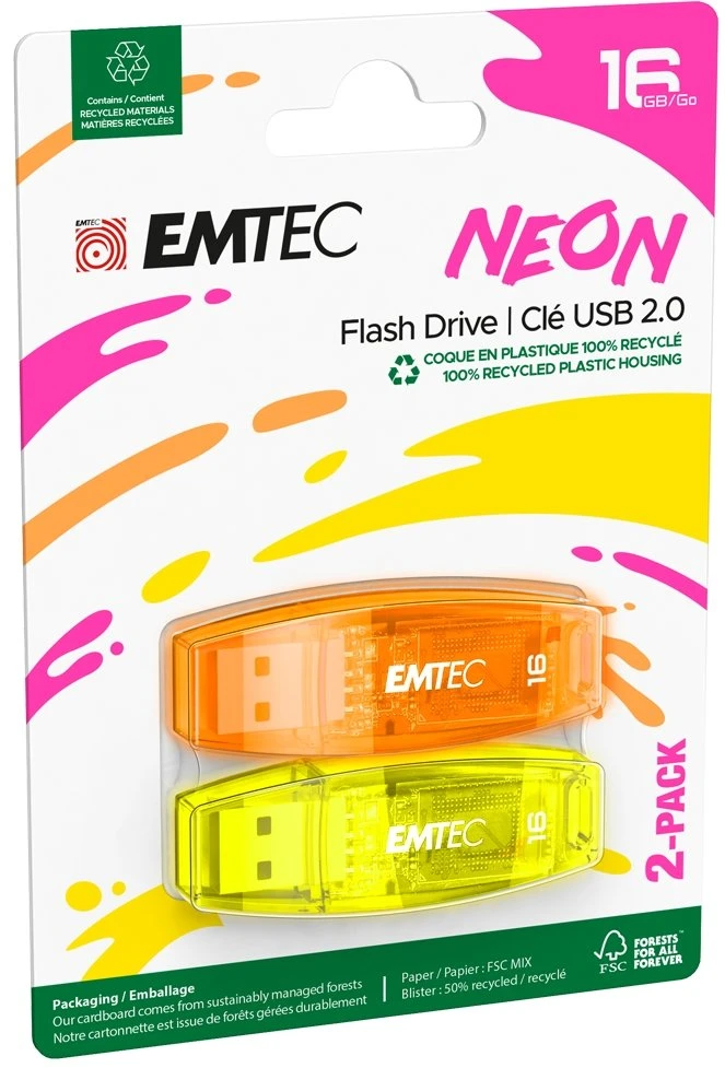 USB 2.0 atmintinių rinkinys EMTEC C410, 2 × 16 GB, neoninių spalvų