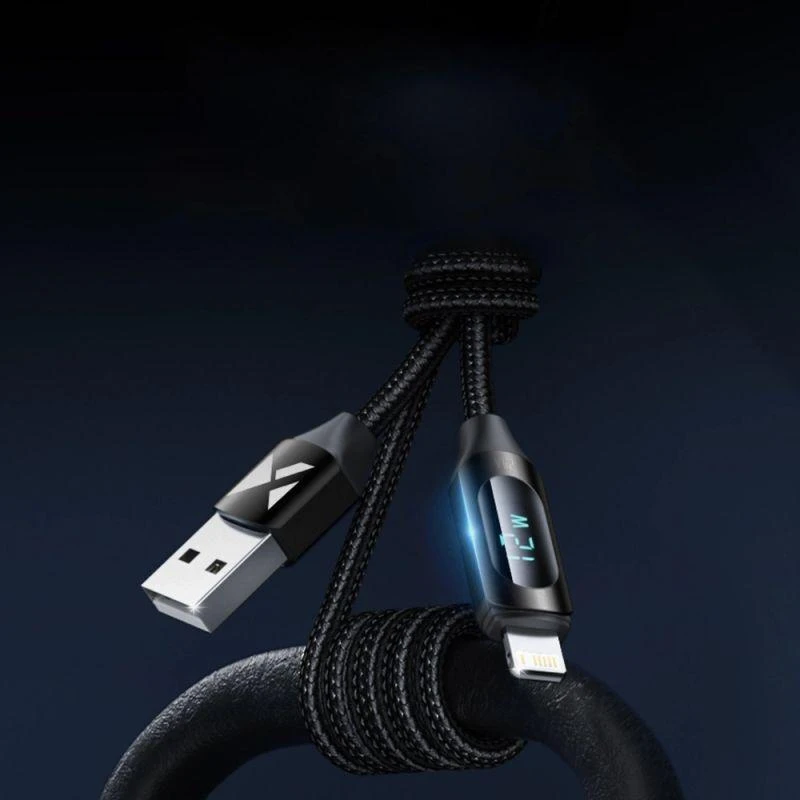 USB-A kabelis – Lightning Wozinsky WUALC2 su LED ekranu 2.4A 2m – juodos spalvos