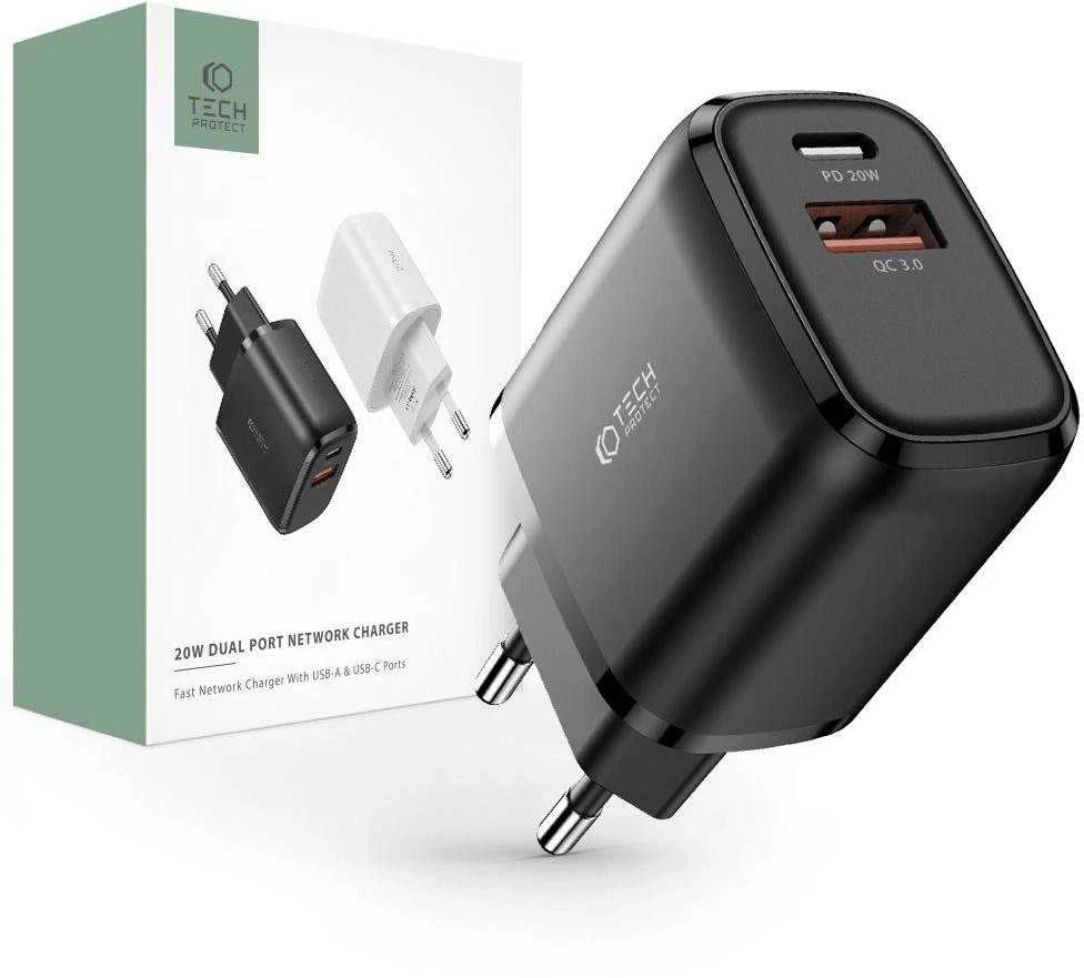 Įkroviklis 20W USB QC3.0 + USB-C PD Tech-Protect C20W juodos spalvos