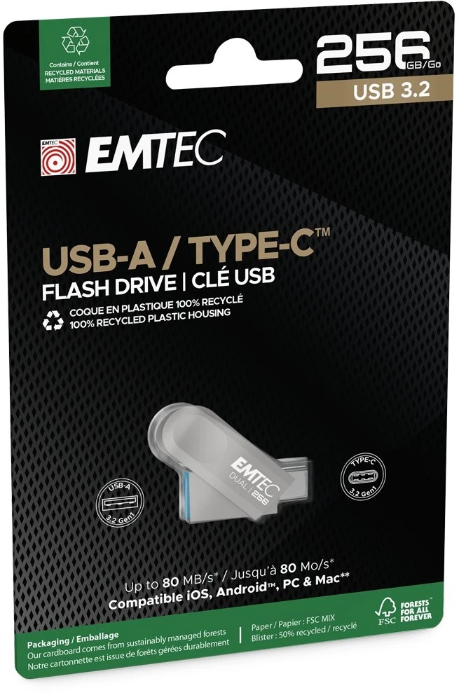 USB atmintinė su USB-A ir USB-C jungtimis Emtec D280, 256 GB