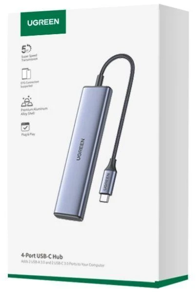 USB-C šakotuvas - 2 x USB-A / 2 x USB-C 20 cm Ugreen CM473 - pilkas