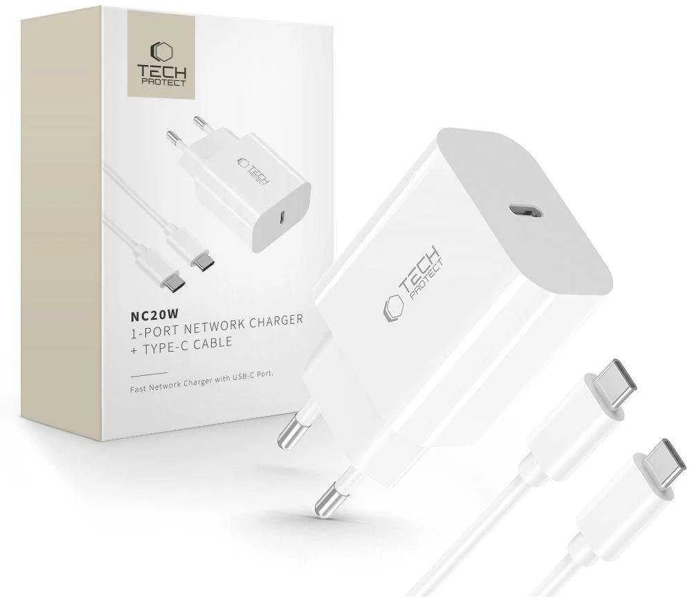 Tech-Protect NC20W PD20W USB-C sieninis įkroviklis su USB-C laidu - baltas