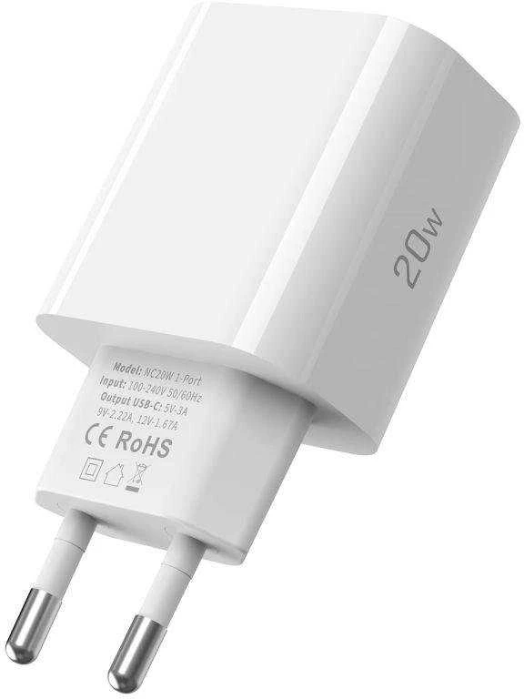 Tech-Protect NC20W PD20W USB-C sieninis įkroviklis su USB-C laidu - baltas