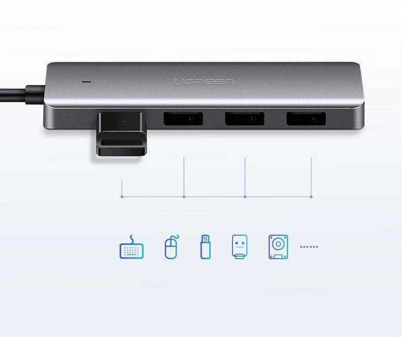 4-in-1 adapteris UGREEN USB Hub prie 4x USB 3.0 + USB-C (pilka)