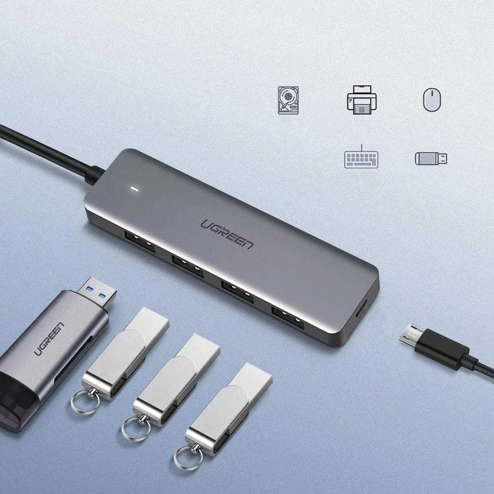 4-in-1 adapteris UGREEN USB Hub prie 4x USB 3.0 + USB-C (pilka)