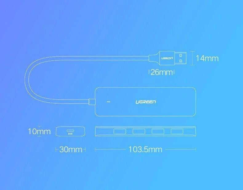 4-in-1 adapteris UGREEN USB Hub prie 4x USB 3.0 + USB-C (pilka)