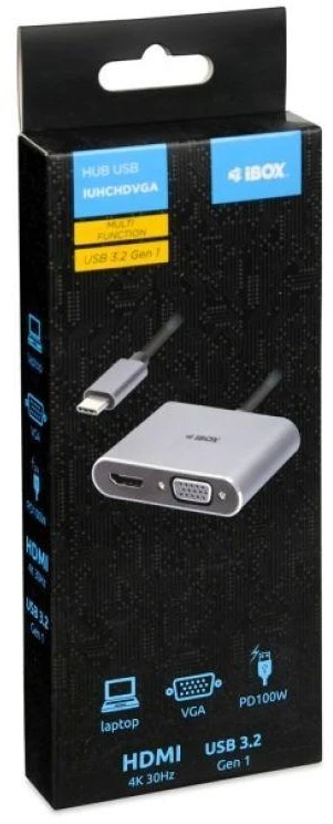 „iBox IUHCHDVGA“ USB C tipo šakotuvas 4 viename, USB 3.0 + PD 100W + HDMI 4K 30Hz + VGA „Full HD“