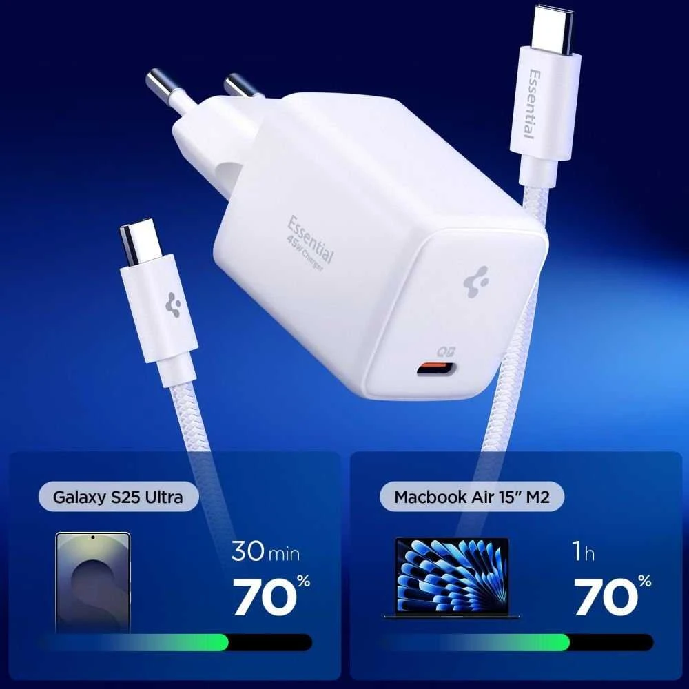 Spigen EE451EU Essential USB-C 45W Wall Charger - Baltas