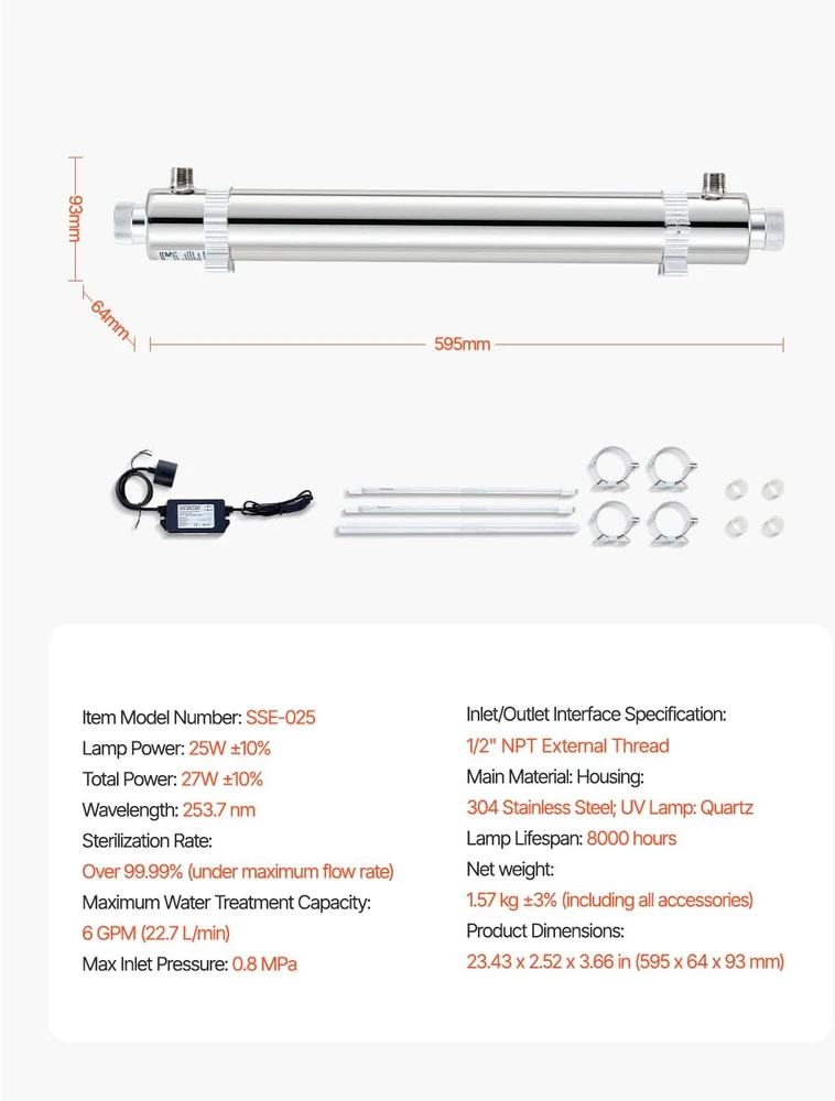 VEVOR 220V 25W UV vandens valytuvas 6 GPM