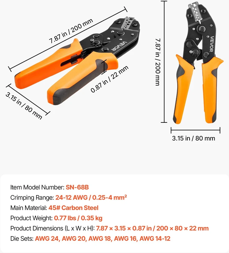 Užspaudimo replės VEVOR SN-68B, 0,25–4 mm²
