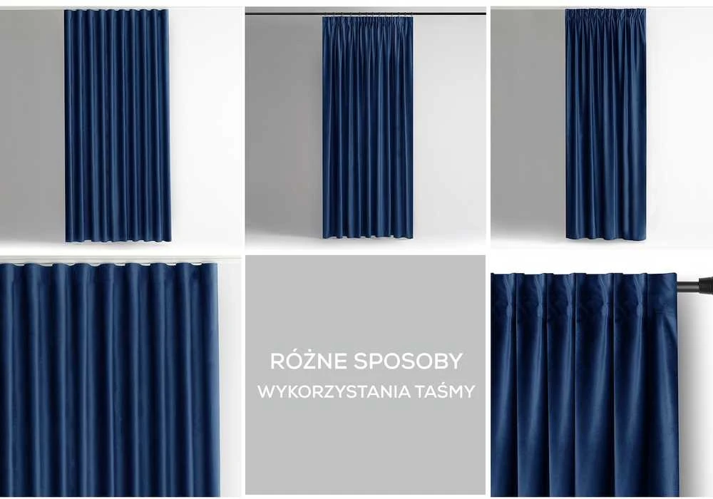 Naktinė užuolaida AmeliaHome VELVET 140X245 cm, 1 vnt., juosta/kabliukai, spalva: tamsiai mėlyna