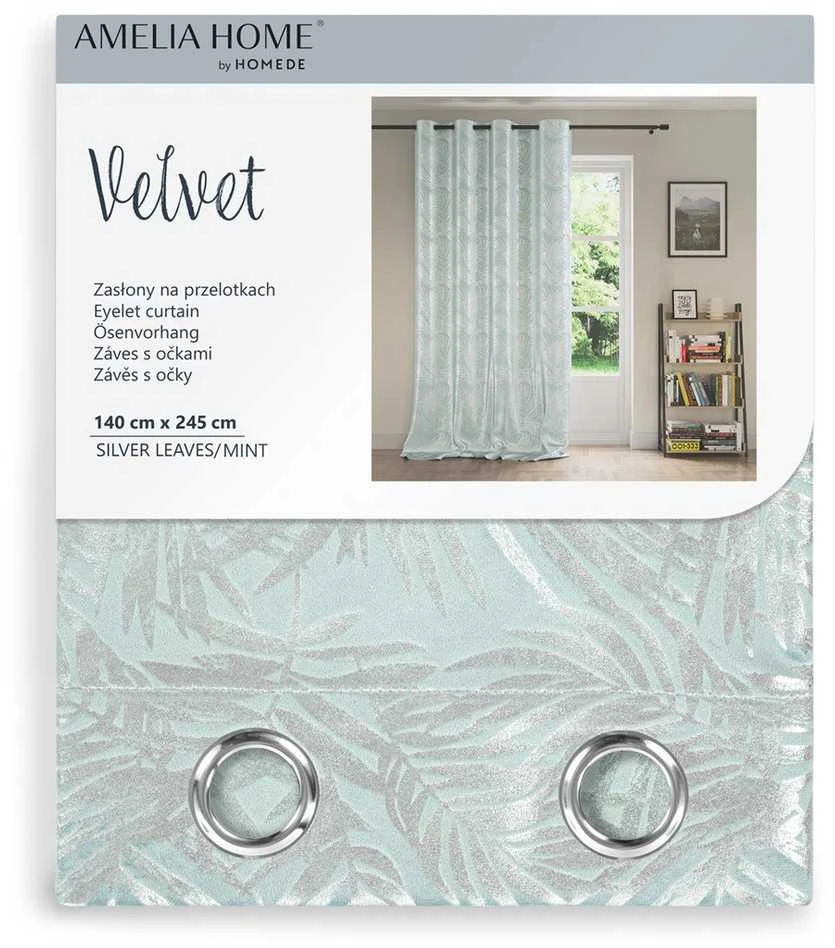 Užuolaida su žiedais Velvet sidabrinių lapų raštu mėtinės spalvos