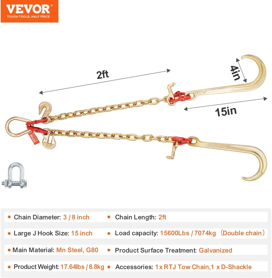 VEVOR G80 60 cm vilkimo grandinė su kabliais