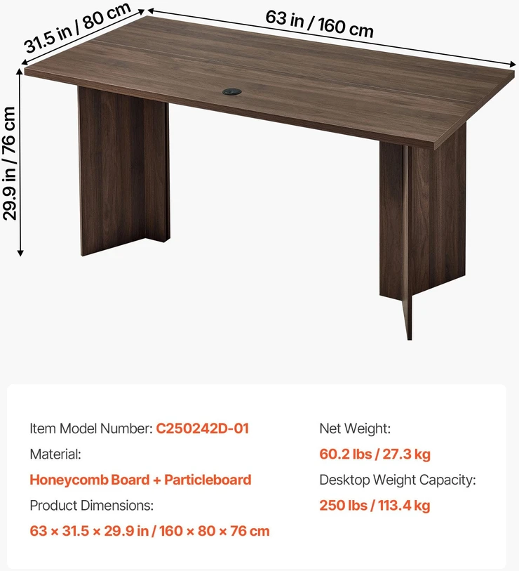 VEVOR modernus 160 cm vykdomasis stalas su kabelių anga