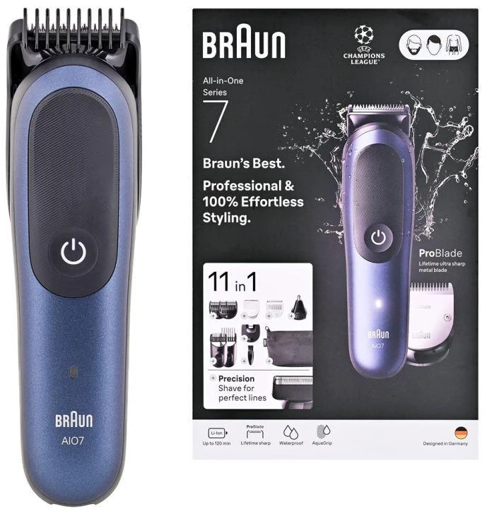 Vaflinė Braun 11in1 priežiūros rinkinys | Viskas viename, 7 serija, AIO7540 | Belaidis | Ilgio pakopų skaičius: 14 | Juodas/Mėlyna