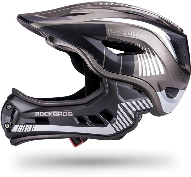 Rockbros TT-32SBTG-M vaikiškas dviračio šalmas su nuimamu smakro apsauga, dydis M - pilka