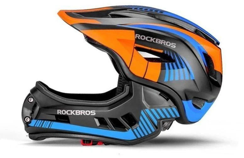 Vaikiškas dviračio šalmas Rockbros TT-32SOBL-M su nuimamu smakro apsaugos lankeliu, dydis M – juodas ir oranžinis
