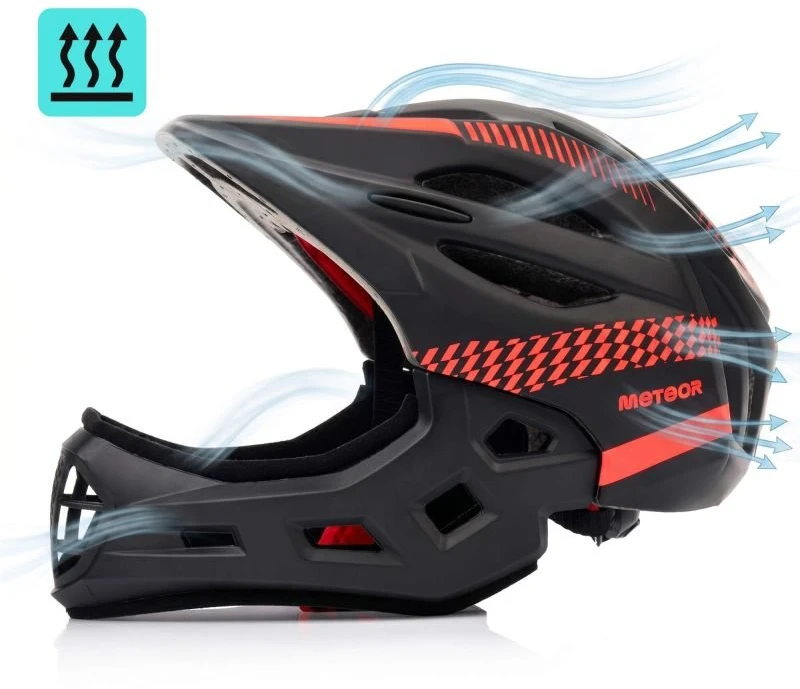 Dviratininko šalmas Meteor Lupus, full-face, S 48-52 cm, juodas/raudonas