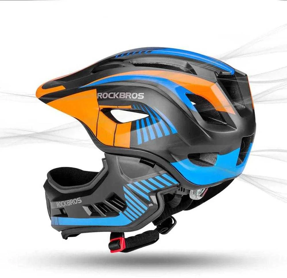 Rockbros 02 06 TT-32SOBL-S vaikiškas dviračio šalmas su nuimamu smakro apsauga, dydis S – juodas ir oranžinis