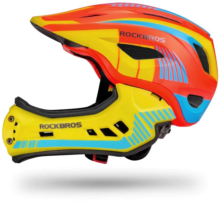 Rockbros TT-32SOYB-M vaikiškas dviračio šalmas su nuimamu smakro apsauga, dydis M – geltonos-oranžinės spalvos