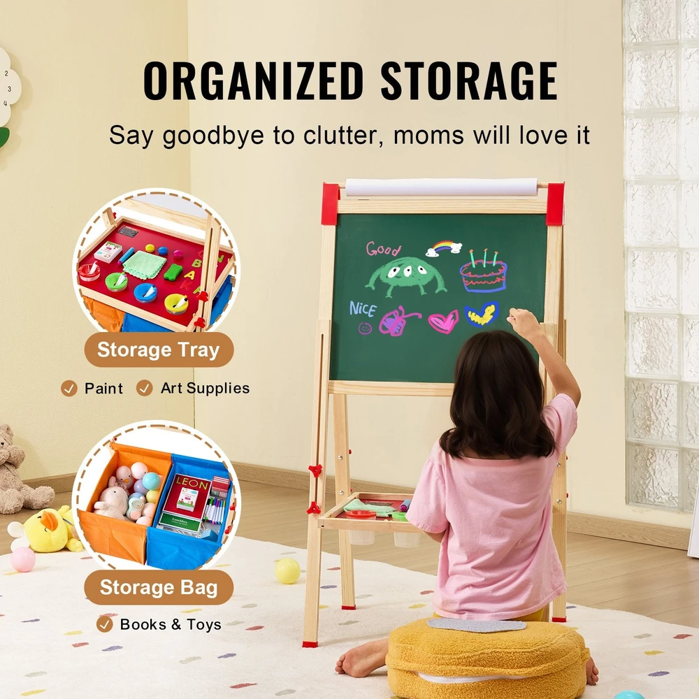 VEVOR dvipusė vaikų piešimo lenta su magnetine lenta ir kreidomis
